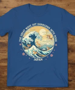 The Great Wave Off Kanagawa With Dogs Japan t-shirt design featuring dogs surfing and playing near Mount Fuji
