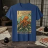 The Great Wave of Kanagawa T-Shirt design with an orange octopus in stormy blue waves and cherry blossoms above