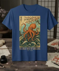The Great Wave of Kanagawa T-Shirt design with an orange octopus in stormy blue waves and cherry blossoms above