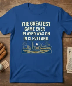 Blue t-shirt with "The Greatest Game Ever Played Was On In Cleveland" text and a golden graphic of the Cleveland