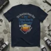 Navy blue t-shirt with text "The Greatest Game Ever Played Was On A Wednesday in Cleveland" and a sunset bridge