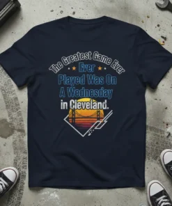 Navy blue t-shirt with text "The Greatest Game Ever Played Was On A Wednesday in Cleveland" and a sunset bridge