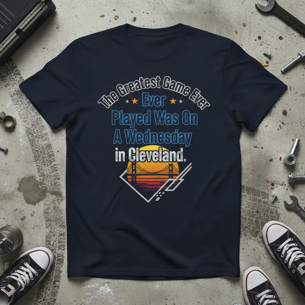 The Greatest Game Ever Played Was On A Wednesday in Cleveland quote on navy t-shirt with sunset bridge graphic