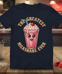 The Greatest Milkshake Ever text above a cute cartoon milkshake with sprinkles and a cherry, on a navy t-shirt