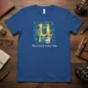 Blue t-shirt with the Greek letter Mu, a cat holding a book, and scientific formulas