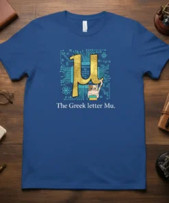 Blue t-shirt with the Greek letter Mu, a cat holding a book, and scientific formulas