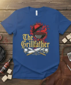 The Grillfather t-shirt design featuring a flaming grill and crossed spatula and fork, in vintage style typography
