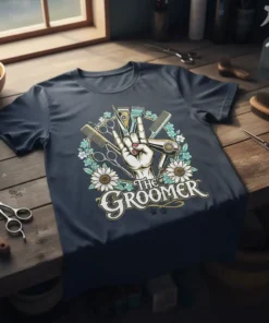The Groomer t-shirt design featuring scissors, clippers, and a hand making a peace sign, surrounded by flowers