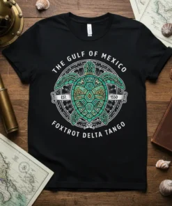 Black t-shirt featuring THE GULF OF MEXICO EST. 1550 FOXTROT DELTA TANGO text with a decorative sea turtle graphic