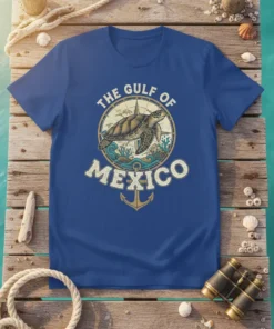 The Gulf of Mexico t-shirt design with a sea turtle, compass, waves, and anchor graphic