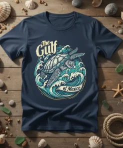 The Gulf of Mexico t-shirt design featuring a sea turtle amidst ocean waves and a banner reading "of Mexico"