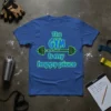 Blue t-shirt with green and black text "The GYM is my happy place" and a barbell graphic