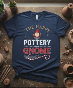 The Happy Pottery Gnome Christmas T-Shirt with a festive gnome holding a gift and a pottery wheel, surrounded by holiday