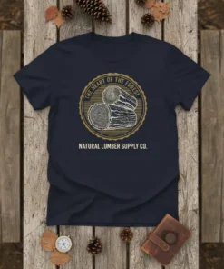 Navy t-shirt with a circular vintage design featuring stacked logs, text "The Heart of The Forest" and "Natural Lumber Supply