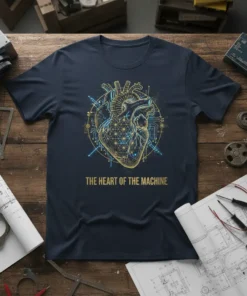 The Heart of the Machine t-shirt with a golden mechanical heart and circuit board design