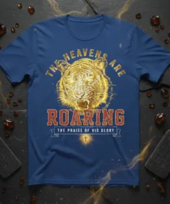 The Heavens Are Roaring The Praise Of His Glory T-Shirt with a golden roaring tiger graphic and Christian cross