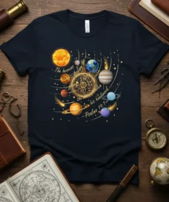 The heavens declare the glory of God quote with solar system graphic on navy t-shirt. Psalms 19:1 scripture design