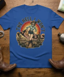 The Hell I Won't text with a cowgirl graphic in a desert landscape, featuring mountains and cacti