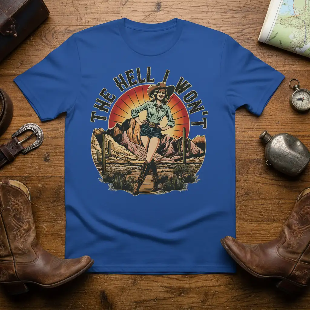 The Hell I Won't text in a circular design around a cowgirl illustration in a desert scene