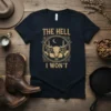 The Hell I Won't t-shirt design with a gold cow skull, cacti, and moon in a circular frame
