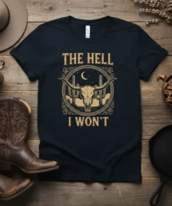 The Hell I Won't t-shirt design with a gold cow skull, cacti, and moon in a circular frame