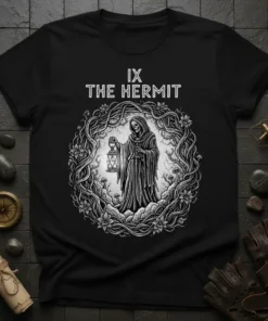 IX The Hermit tarot card t-shirt design featuring a grim reaper figure holding a lantern within a circular frame of