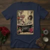 The High Priestess tarot card design featuring a skeleton in a bathtub with flowers, on a navy t-shirt