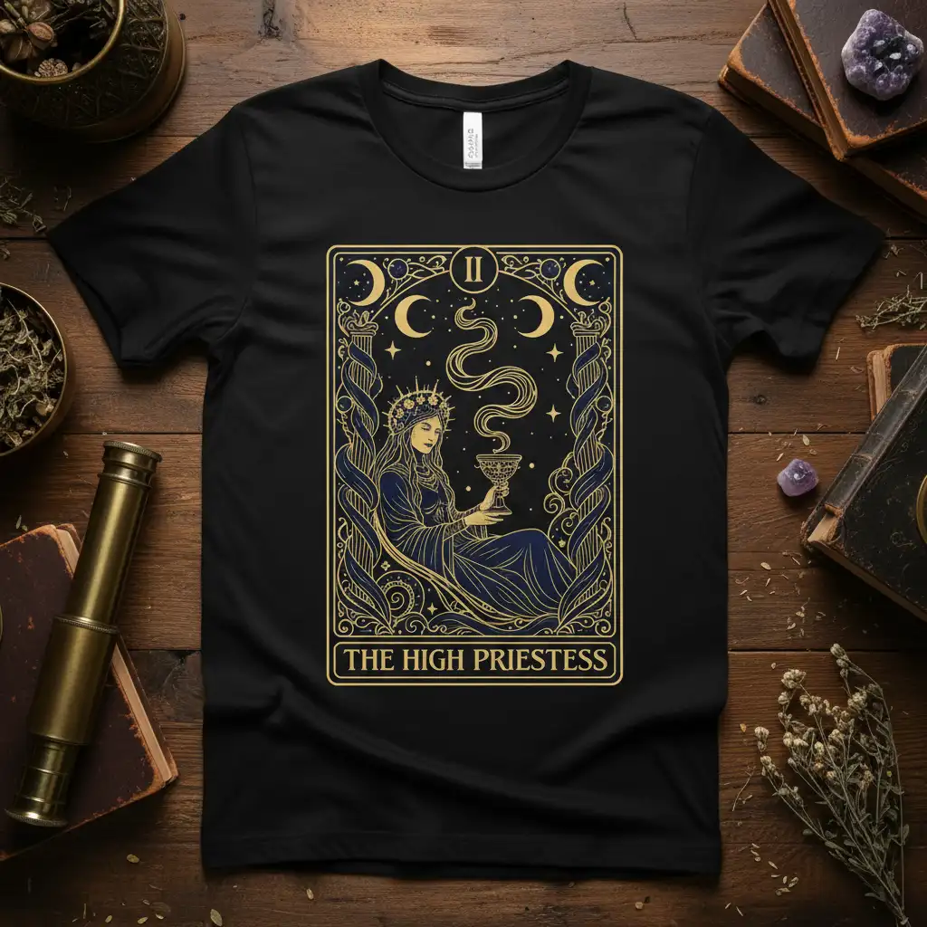 The High Priestess tarot card design featuring a mystic woman holding a cup, celestial moons, and stars on a black t-shirt