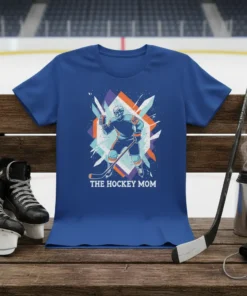 The Hockey Mom text below a graphic of a hockey player skeleton, holding a stick and a coffee cup