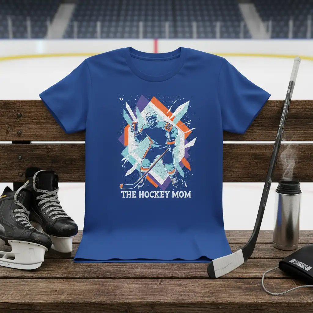 The Hockey Mom text on a t-shirt featuring a skeleton hockey player graphic with stick and coffee cup