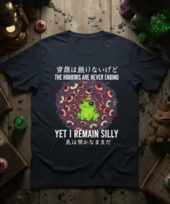 The Horrors Are Never Ending Yet I Remain Silly frog t-shirt with Japanese text and surrounding eyes graphic