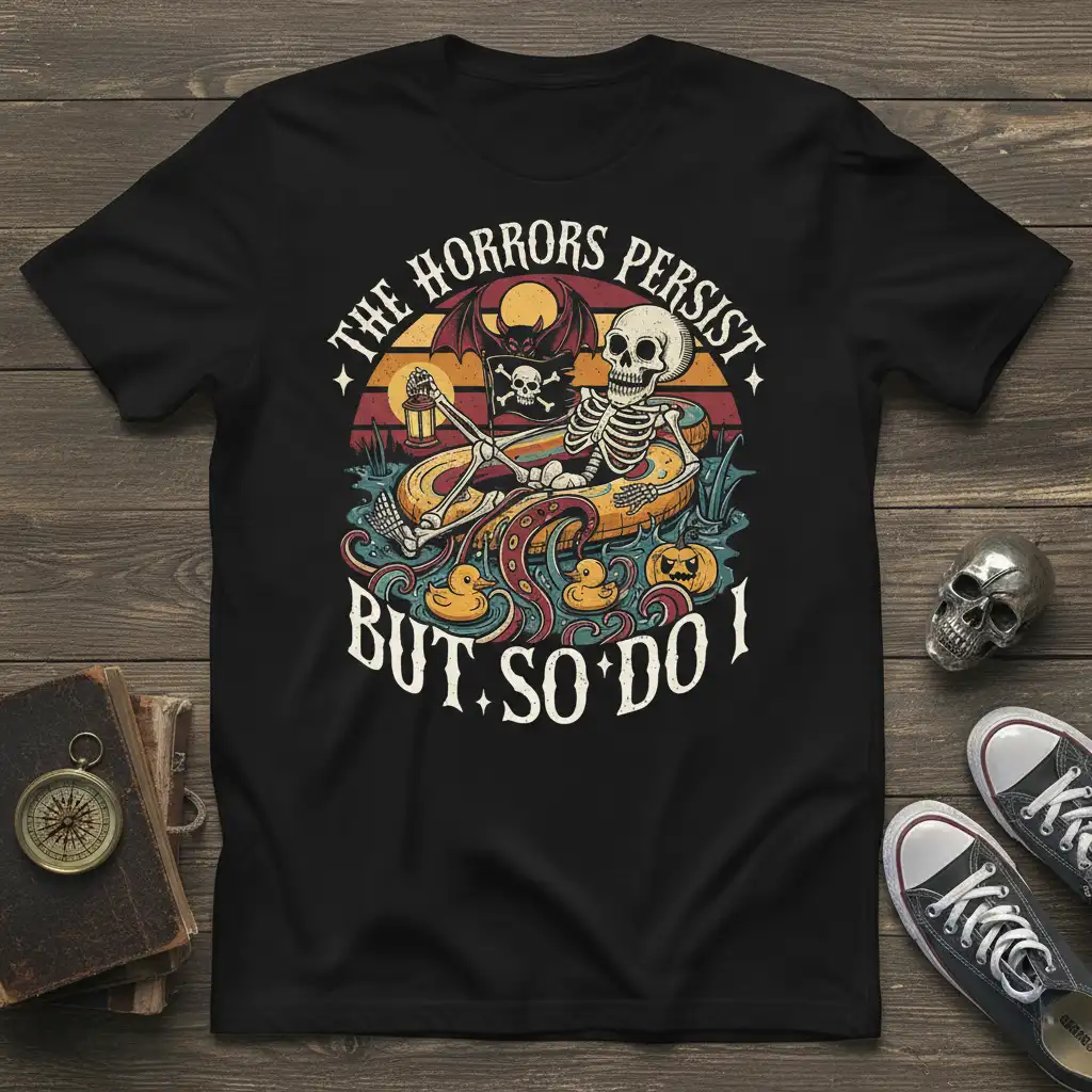 The Horrors Persist But So Do I quote on a t-shirt with a skeleton floating and spooky Halloween graphics