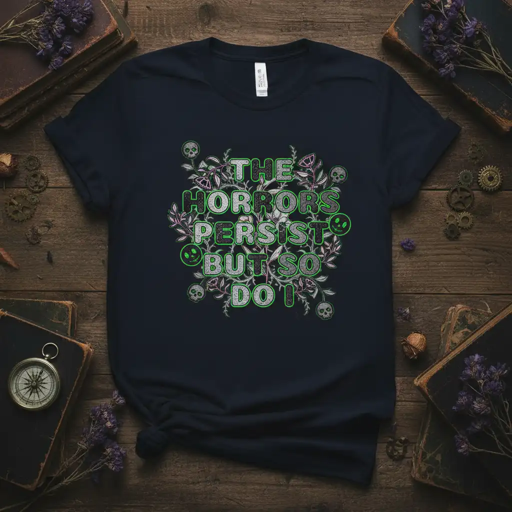 The Horrors Persist But So Do I quote with gothic floral and skull graphic design on a t-shirt