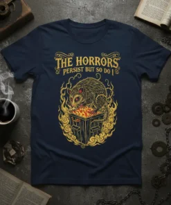 The Horrors Persist But So Do I quote with dumpster fire opossum graphic design on a navy t-shirt
