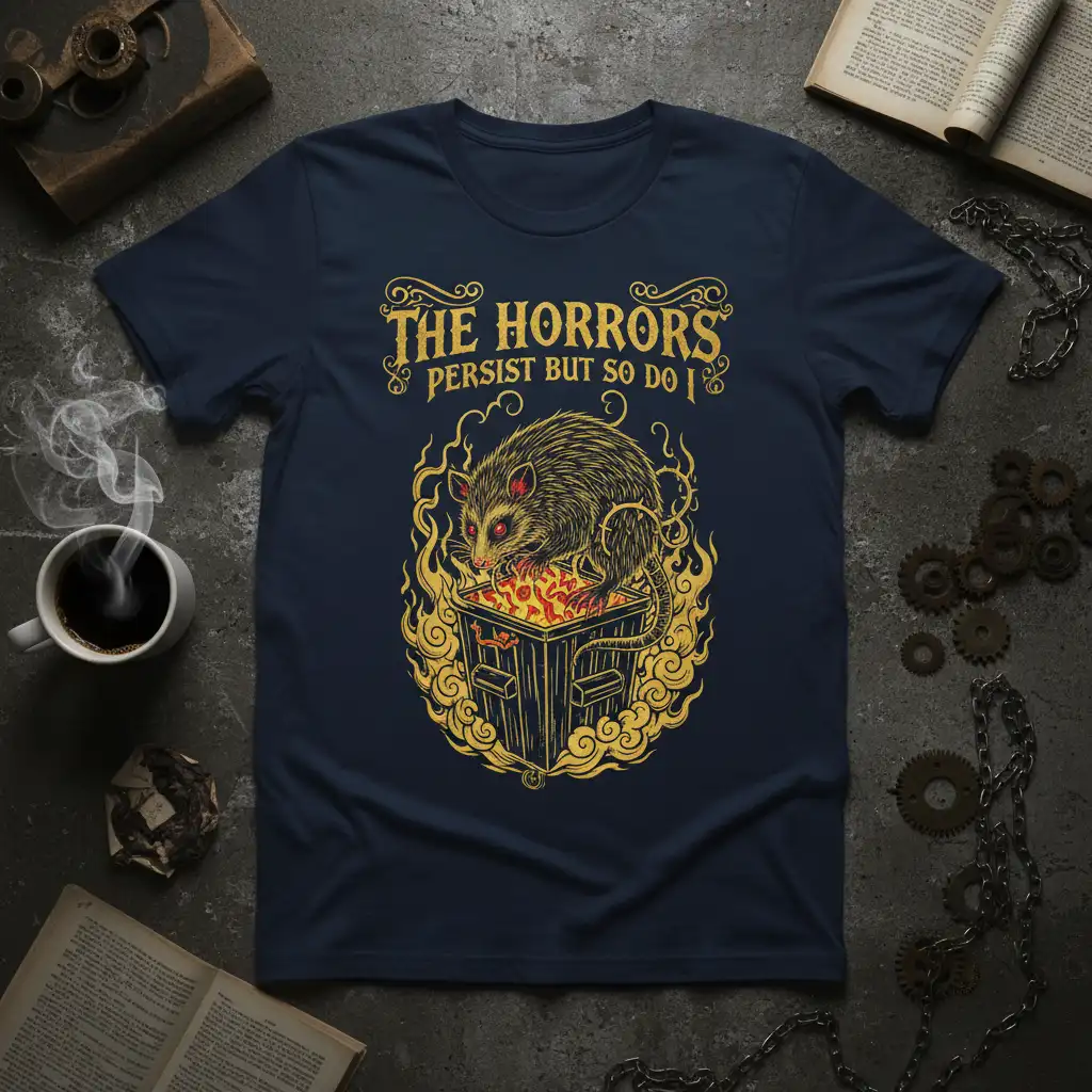 The Horrors Persist But So Do I quote with dumpster fire opossum illustration on dark heather tee
