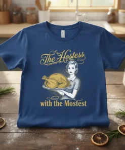 The Hostess with the Mostest quote with a vintage woman holding a roasted turkey, on a navy blue t-shirt