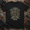 The Hound of War t-shirt design with a dachshund in military gear holding a rifle
