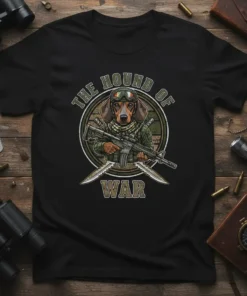 The Hound of War t-shirt design with a dachshund in military gear holding a rifle