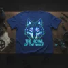 Geometric wolf head design with neon blue and green lines, text "The Howl of the Wolf" below, on a navy