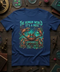 The Human World It's A Mess T-Shirt with a detailed robot crab graphic and science-themed elements