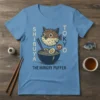 The Hungry Puffer t-shirt design featuring a cute pufferfish eating ramen, with "Shibuya Tokyo" text and Japanese characters
