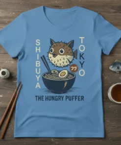 The Hungry Puffer t-shirt design featuring a cute pufferfish eating ramen, with "Shibuya Tokyo" text and Japanese characters