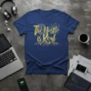 The Hustle is Real quote on a navy blue t-shirt with yellow text and graphic elements