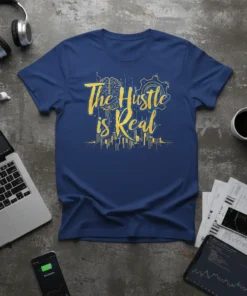 The Hustle is Real quote on a navy blue t-shirt with yellow text and graphic elements