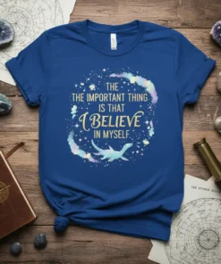 Blue t-shirt with the quote "The Important Thing Is That I Believe In Myself" in gold and white, surrounded by