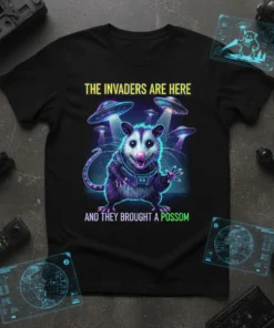 The Invaders Are Here And They Brought A Possum T-Shirt with a possom and UFOs design