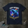 The King of Monsters Birthday T-Shirt design featuring Godzilla, balloons, birthday cake, and the number 8