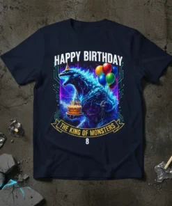 The King of Monsters Birthday T-Shirt design featuring Godzilla, balloons, birthday cake, and the number 8