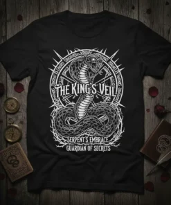 Black t-shirt with white gothic design: "The King's Veil Serpent's Embrace Guardian of Secrets" featuring a coiled snake and thorny