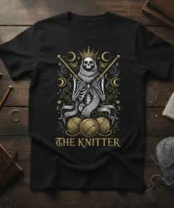 The Knitter t-shirt design with a skeleton wearing a crown and scarf, holding knitting needles and yarn balls